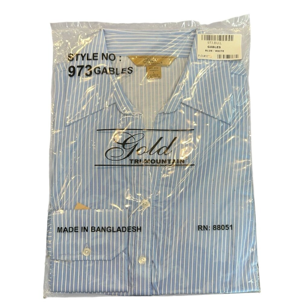 NWT Tri-Mountain Gold Blue White Stripe Button Down Shirt Womens Large 973Gables